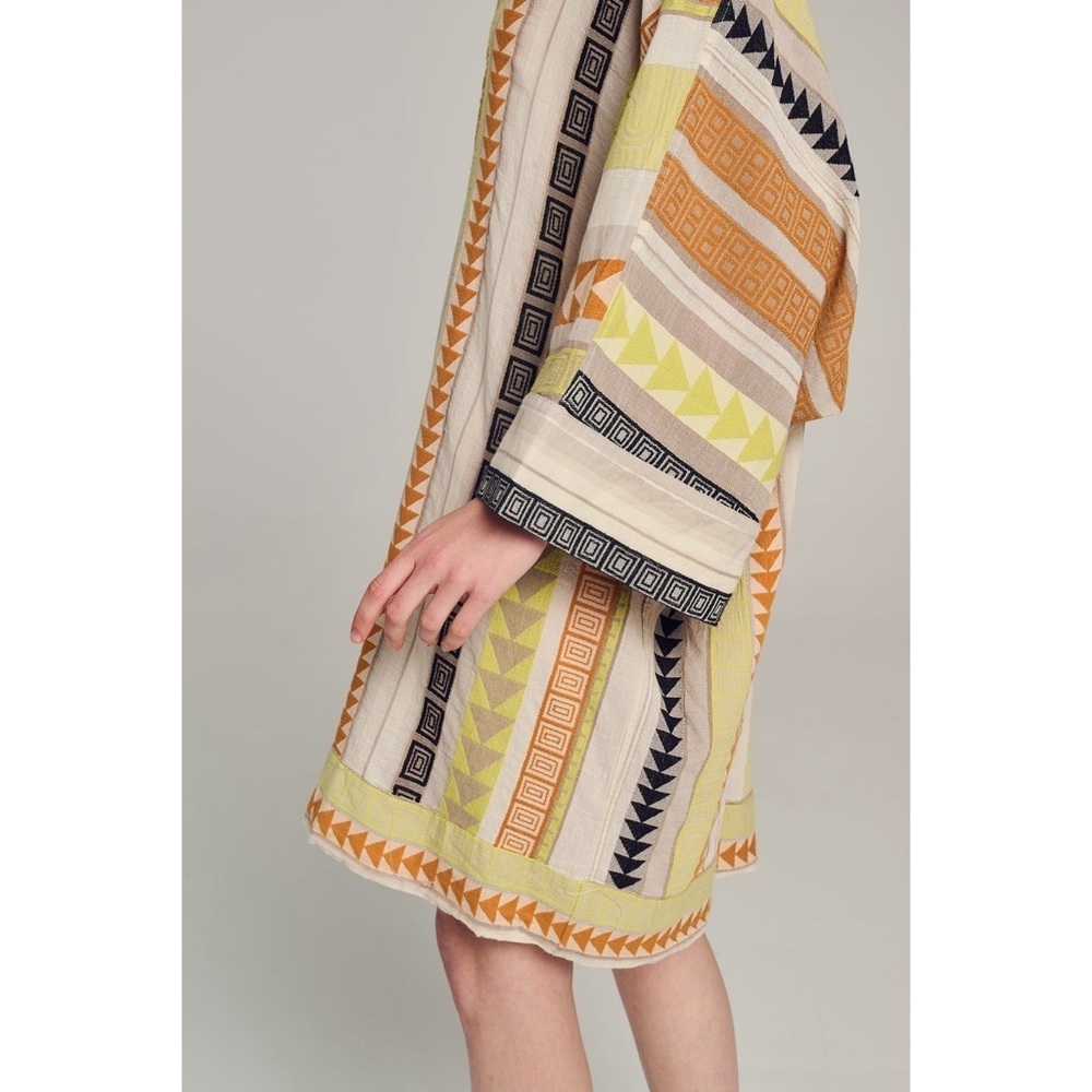 Devotion Twins Creme Yellow Embroidered Oxia Geo Kaftan Dress Sz M Boho Coastal - Picture 4 of 11